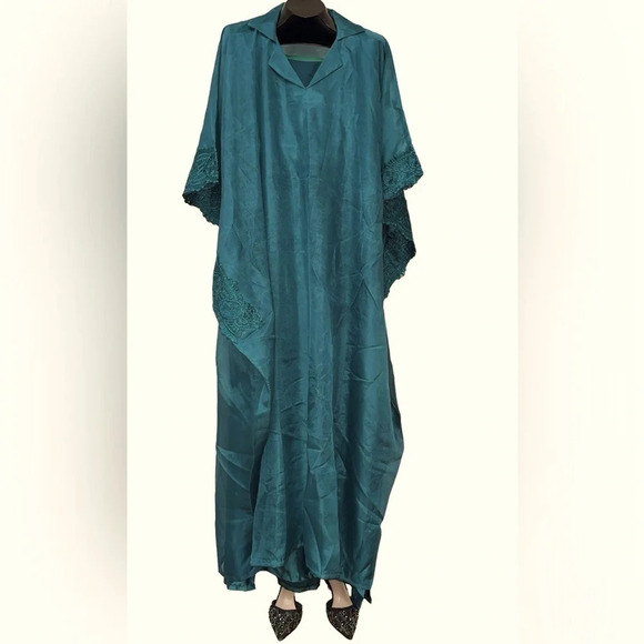 Vintage Luxury Style Forest Green Organza Lace  Kaftan Maxi Dress - Picture 1 of 17